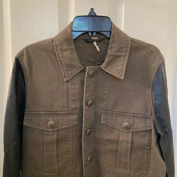 Free People Olive Green Denim Jacket Black Faux Leather Sleeves Women's Size XS - Picture 2 of 9